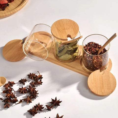Glass Spice Jar Set of 3 – Seasoning & Condiment Containers with Bamboo Lids, Spoons & Stand, 320ml Salt & Sugar Jars for Kitchen & Coffee Bar
