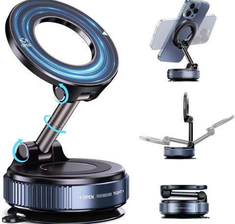 Magnetic Car Phone Holder, 360° Rotation Suction Cup Metal Foldable Adjustable Hands Free Suction Cup Phone Holder for Car Phone Holder Pocket Size Compatible with All Mobile Phones and All Car Models