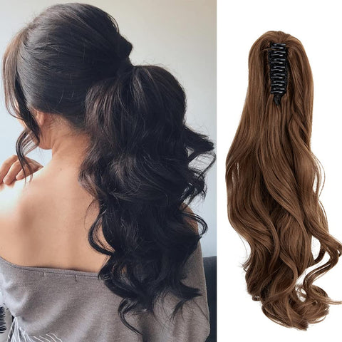 SAITI Long Short Claw Ponytail Hair Extension - One Piece Cute Clip in Synthetic Curly Extensions Hairpiece 18'' Brown