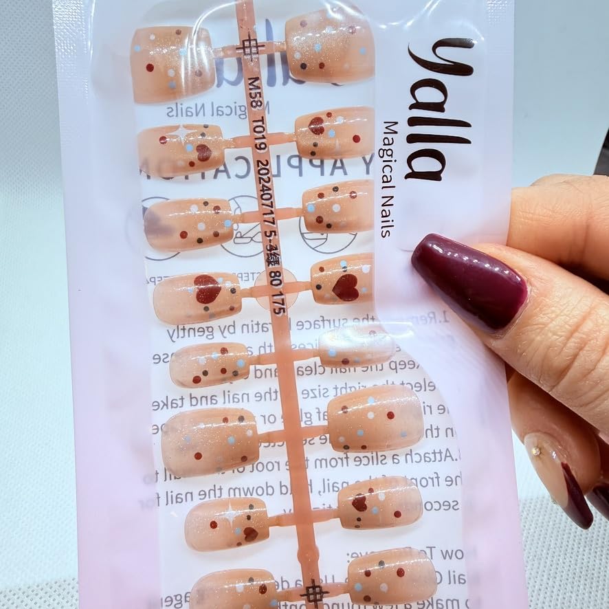 Cat Eye Press On Nails with Artistic Design | Salon Finish Magnetic Effect | Glossy False Nails, Short Length | 12 Designs and Colors (Beige & Polka Dots)