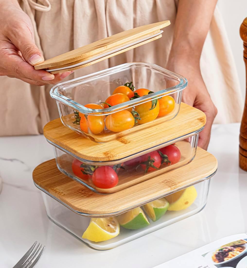 Square Air Tight Glass Container Microwavable Glass Containers With Wooden Lid Food Storage For Flour, Sugar, Coffee,teabags, Pasta,snack And Various Dried (set Of 3) (Rectangular)