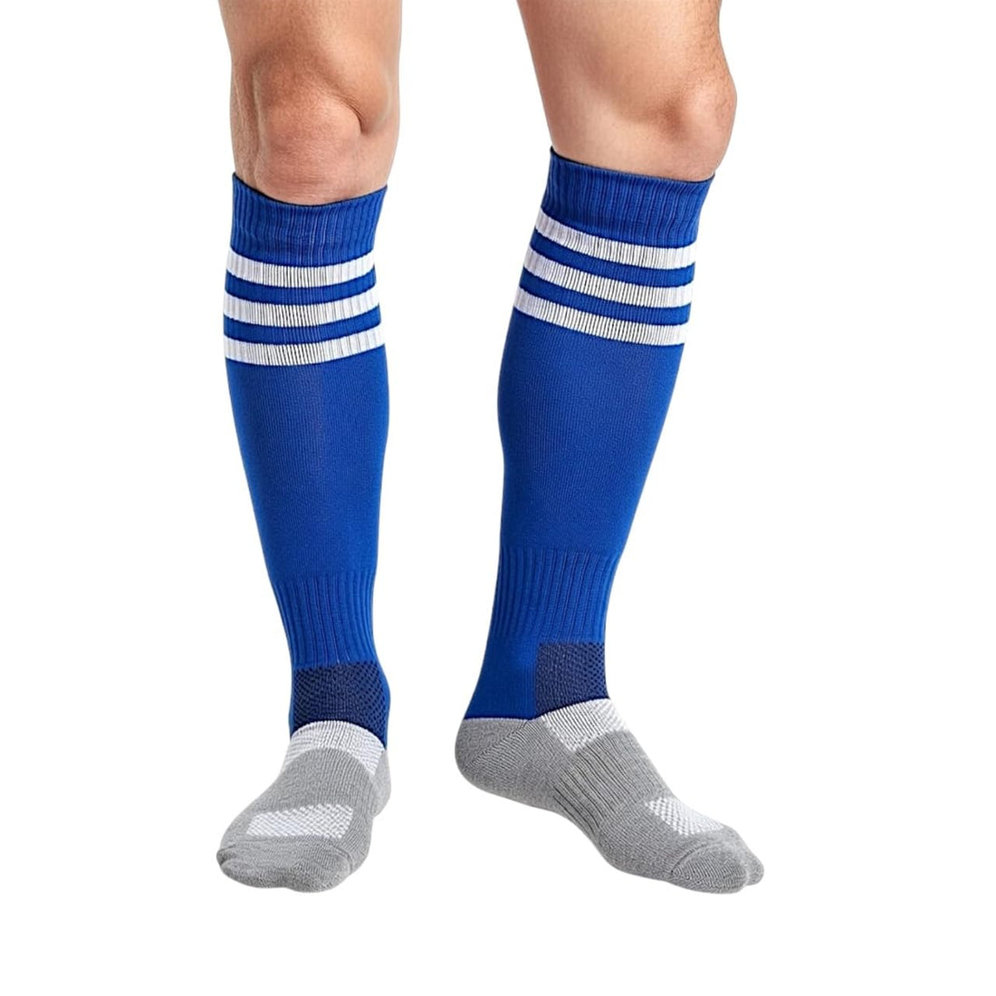 Blue Long Sport Socks With White Stripes 100% Cotton