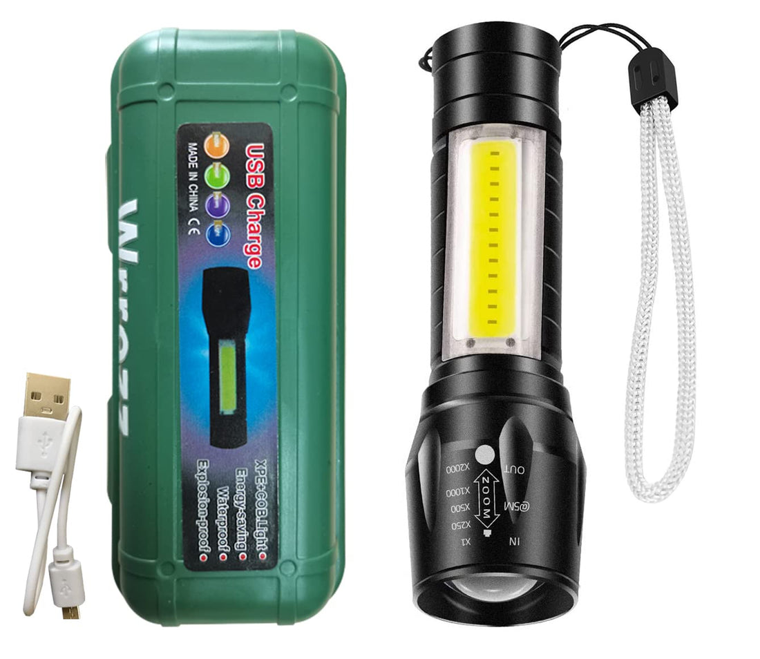 Wrrozz COB LED Flashlight Rechargeable Torch Zoom Flashlight Built-in Battery+USB Cable (1 Pack)