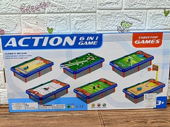 AMAZING ACTION GAMES 6 IN 1 GAME TABLE TOP GAME BILLIARDS,MINIBASKETBALL,AIR HOOKEY,BOWLING,GOLF,MINIFOOTBALL