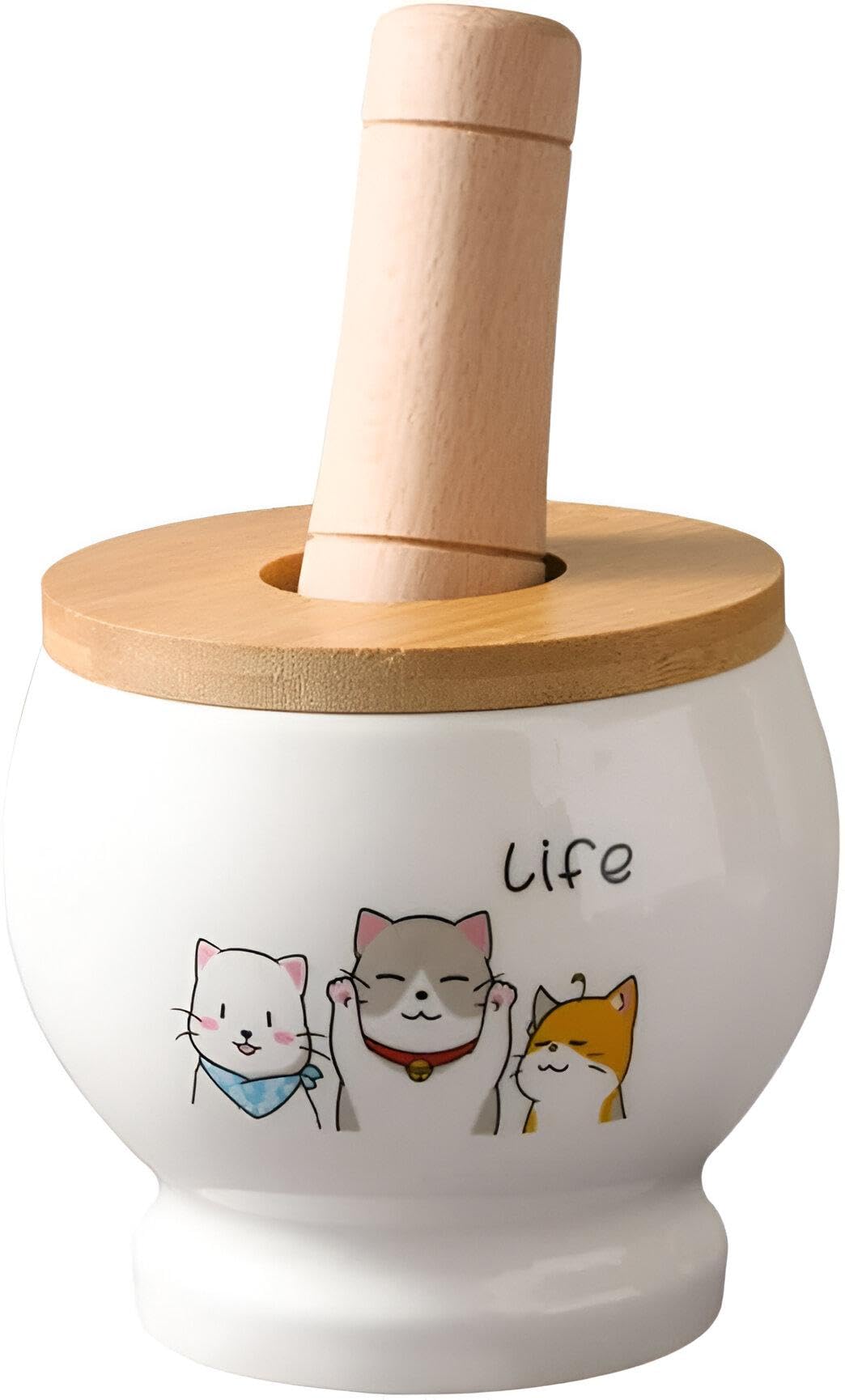 Mortar and Pestle - Elegant Imported Wooden Lid Various Ceramic Designs for Crushing Garlic and Multiple Kitchen Uses