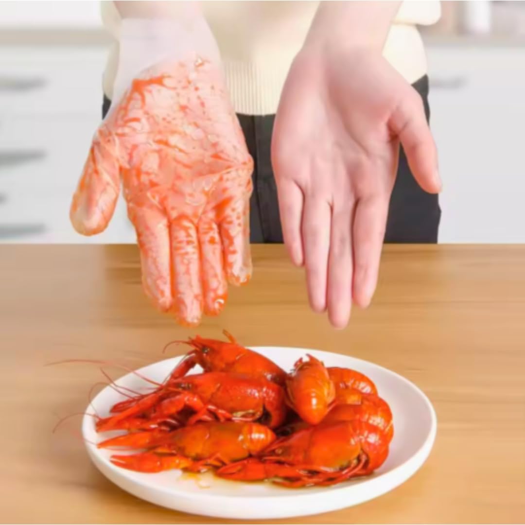 Premium Transparent Globed Disposable Gloves, Waterproof Plastic Gloves for Kitchen, Home Cleaning, Restaurants, Safe and Odorless, Thick Eco-Friendly Gloves for Eating