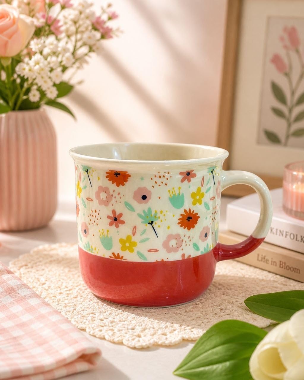 Floral Mug for Coffee, Tea and Nescafe, Multicolour Ditsy Flower Print with Red Base, .Ais