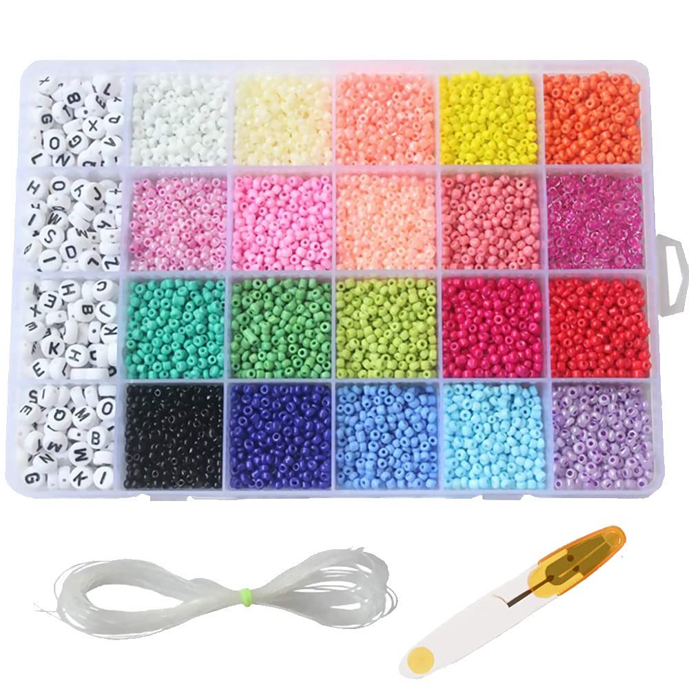 KASTWAVE Seed Beads, 3300 PCS Letter Beads and Pony Beads 24-Grid Craft Bead with Rope Mini Seed Beads Set for Jewelry Making Bracelet Beads Finding DIY Crafts（4mm）