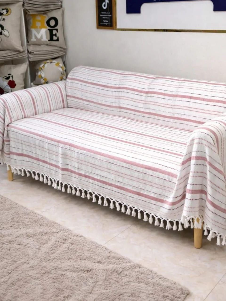 Generic Cotton Fringed Bedspread with Striped Pattern, (Pink and White), 250x240 cm, Heavy Fabric Sofa Throw .sr