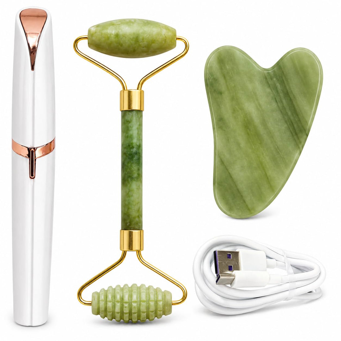 Jade Roller Set 3 in 1 Face Roller with Gua Sha Stone and Eyebrow Trimmer, Facial Massage Tool for Face Neck Eye Area Skin Care