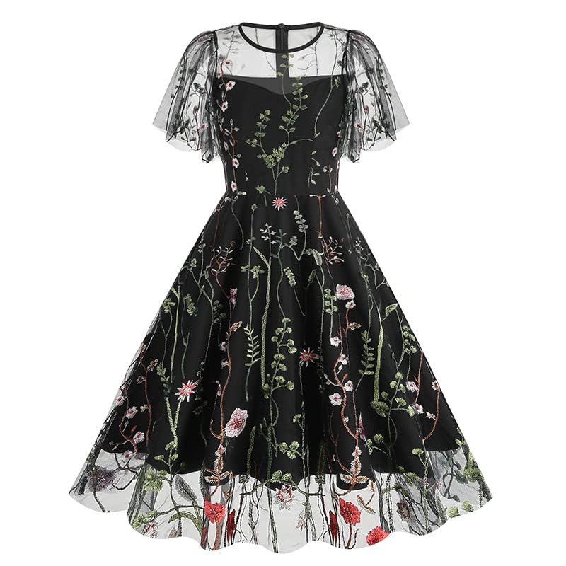 Showday Women's Floral Embroidery Mesh Tulle Dress for Wedding, Prom, Evening, Vintage Cocktail Swing Party