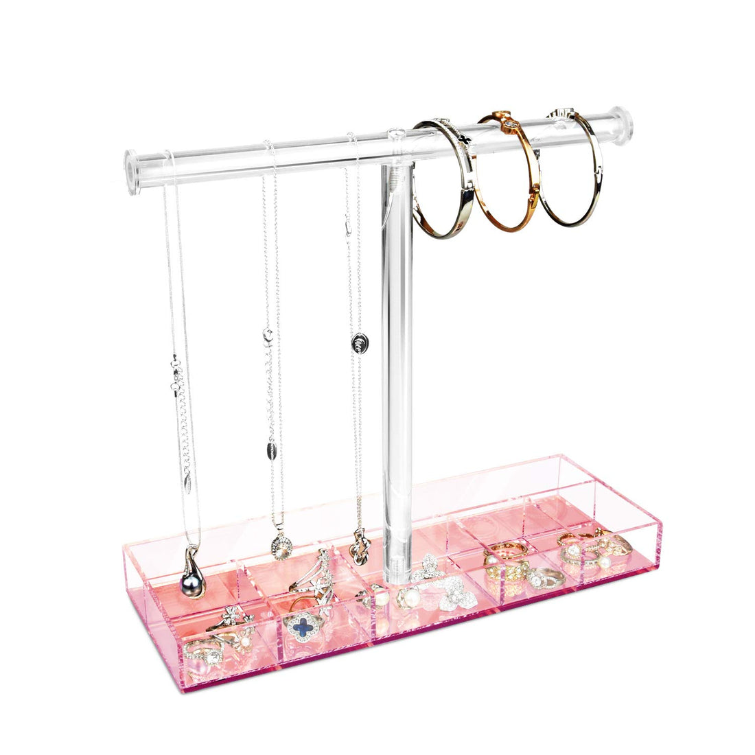BEST MEDIA Acrylic Rose Gold Mirrored Base Jewelry T-Bar Display, a Bracelet & Necklace Holder Stand with a Storage Compartment- 26-4x10-2x24-4 cm - Modern - 1 Piece - Rose Gold