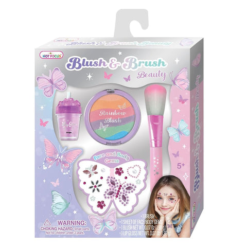 Hot Focus Tie Dye Butterfly Blush Brush Beauty Kit, Multicolor, Cosmetic Brush with Body Gems and Lip Gloss, 4 Pieces, Ages 3+