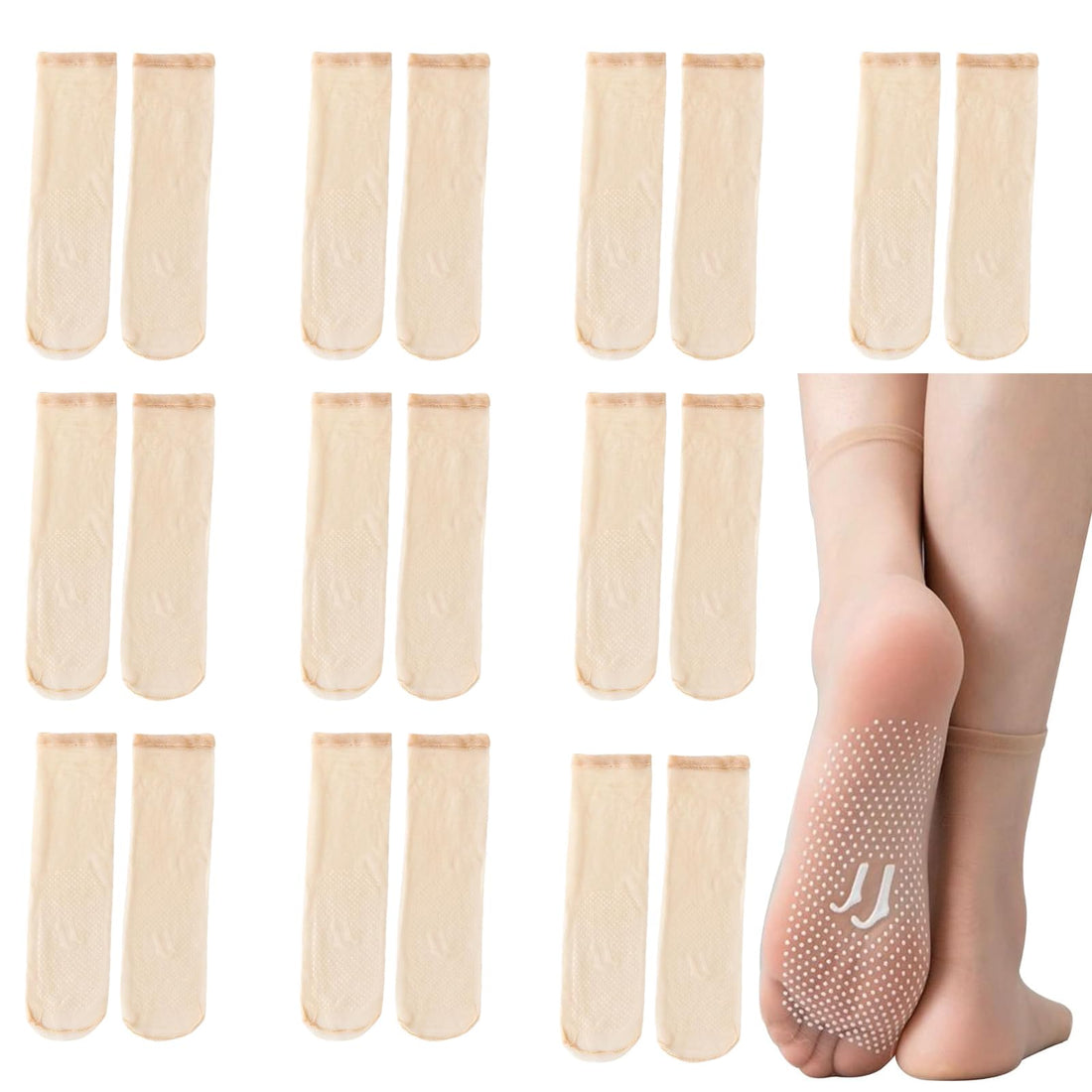 nalaina 10 Pairs of Women's Transparent Silk Ankle Socks, Thin Nylon Anti Slip Socks, Women's Transparent Nylon Socks with Invisible Anti Slip Design, Suitable for Daily Wear，Skin Color