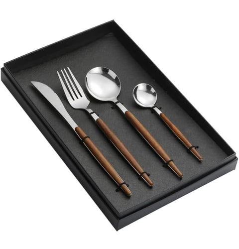 Downtown Silverware Cutlery Set, 24 Pcs, Retro Solid Wood, Dinner Knife, Fork, Spoon, Dessert Spoon