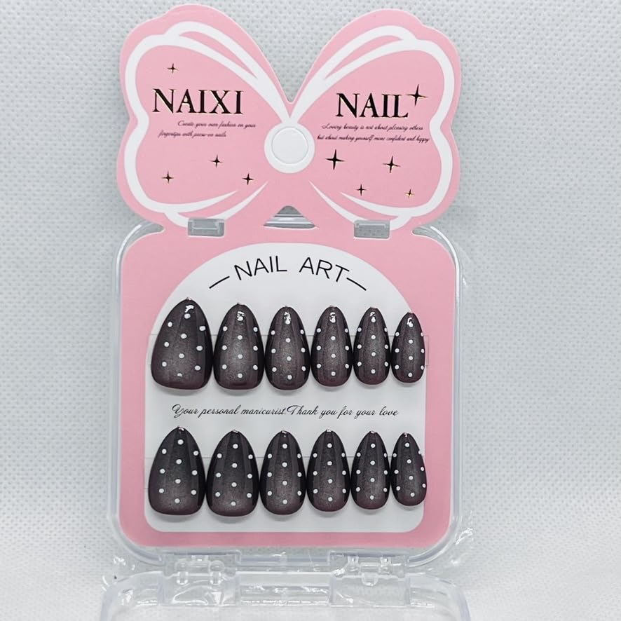 Premium Cat Eye Magnetic Press On Nails with Polka Dots – Glossy Reusable Fake Nails for Women – 8 Trendy Colors (Brown)