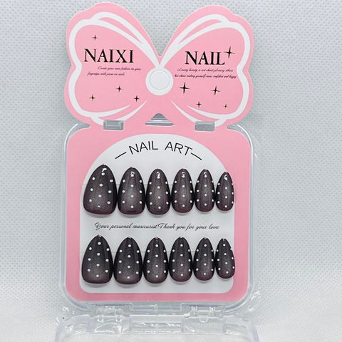 Premium Cat Eye Magnetic Press On Nails with Polka Dots – Glossy Reusable Fake Nails for Women – 8 Trendy Colors (Brown)