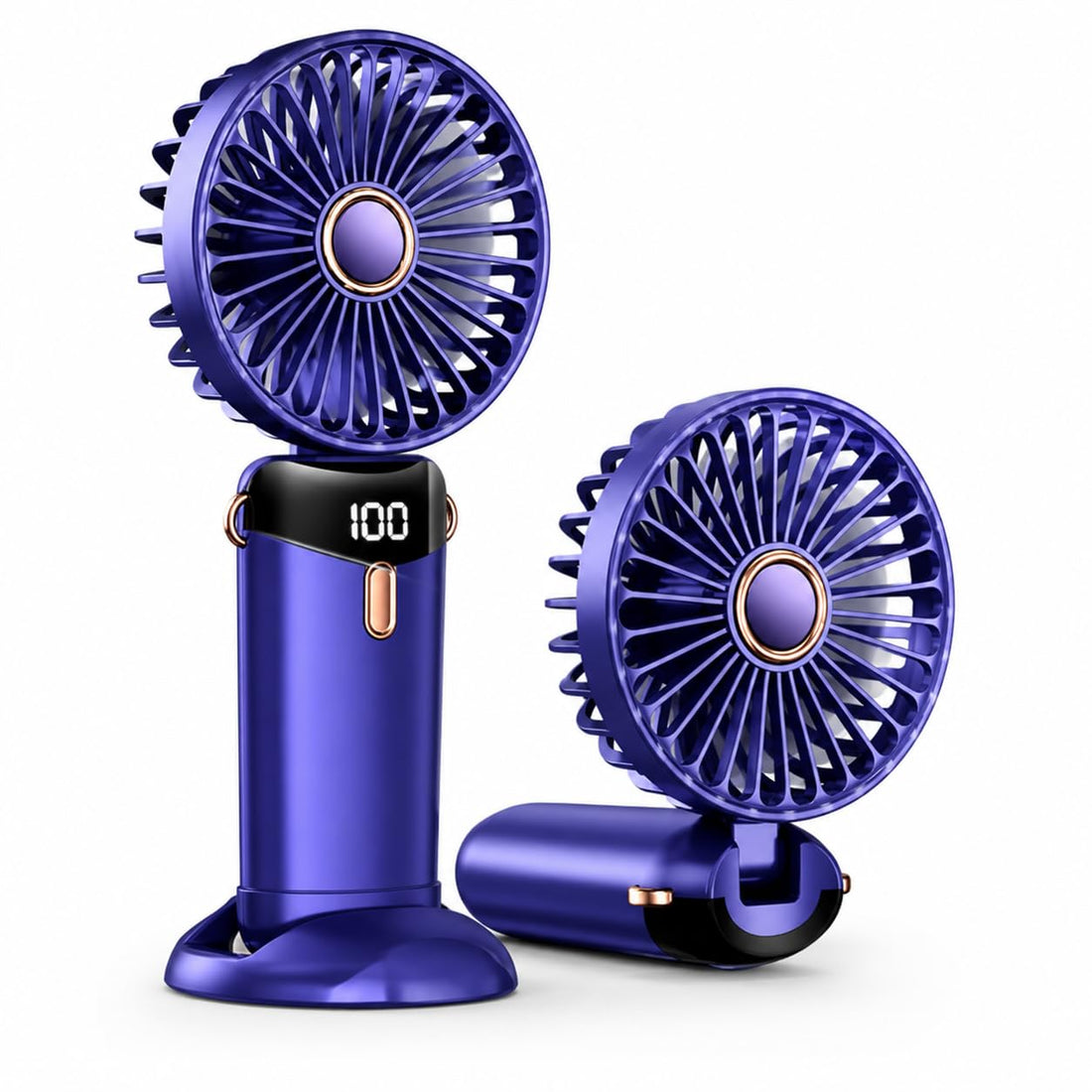 Portable Hand Fan with LED Screen, USB Rechargeable Mini Fan, 5 Speed Personal Cooling Device, Foldable 90° Desk Fan with Phone Holder and Carry Strap
