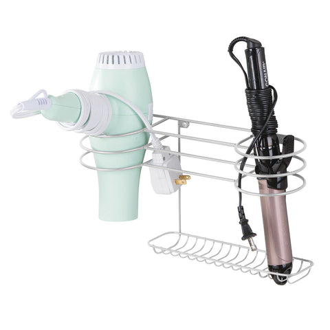 mDesign Bathroom Wall Mount Metal Hair Care & Styling Tool Organizer Storage Basket for Hair Dryer, Flat Iron, Curling Wand, Hair Straighteners, Brushes - Steel Wire - Light Gray