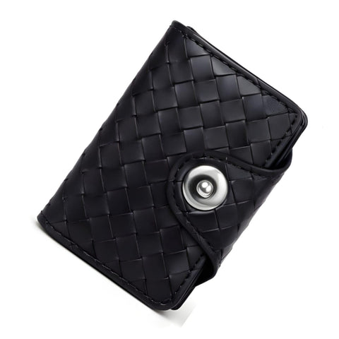Leather Braided Bank Card Wallet, Woven Pattern, Metal Button Closure, Multifunctional Slim and Lightweight Design, Multiple Colors Available (Black)