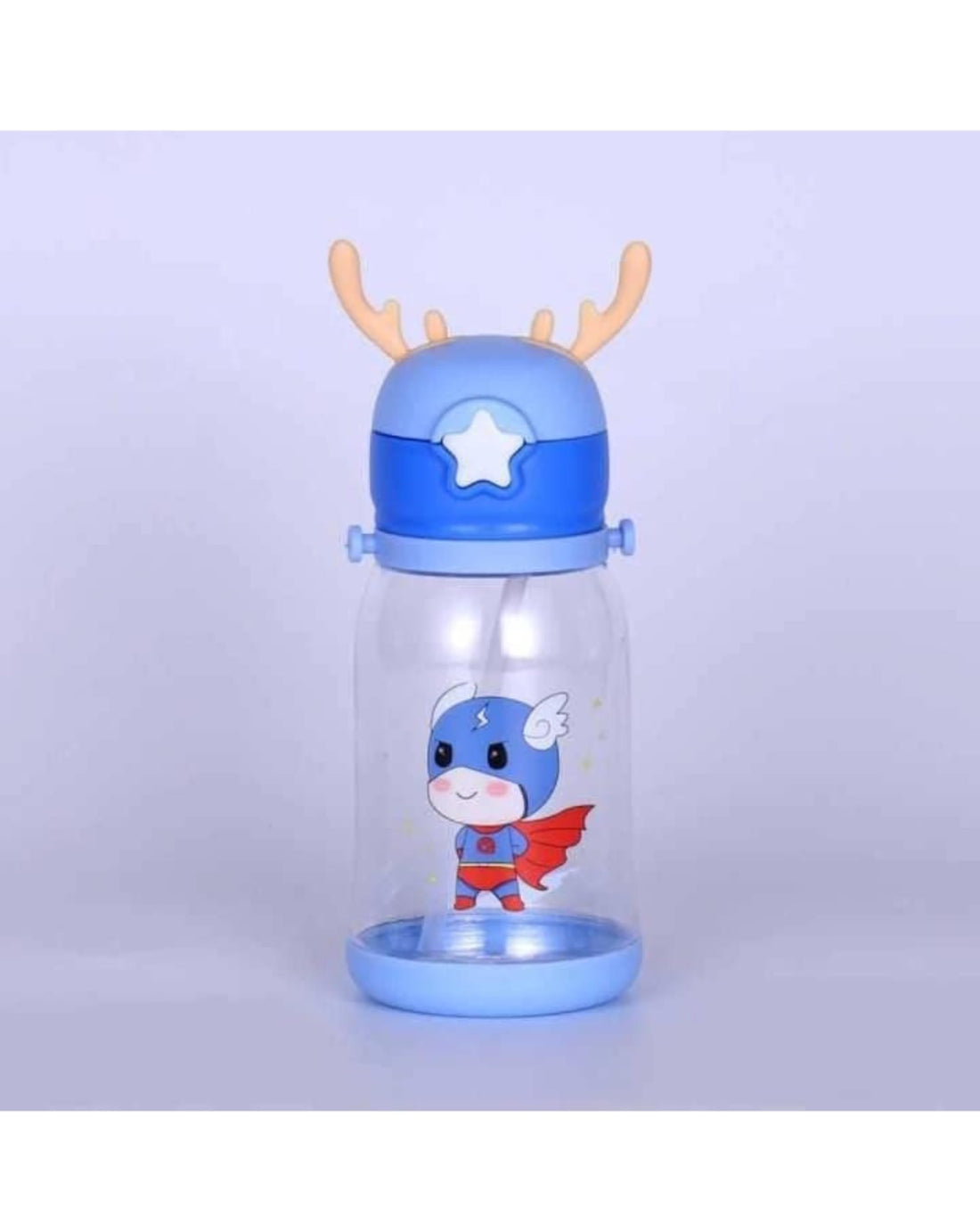 Kids Portable Drink Bottle with Strap Anti-Fall With Straw Used In Outdoor Activities and school, Healthy Outdoor Cute Cartoon School Baby PP Plastic BPA Free (Kawaii Horn, Blue)