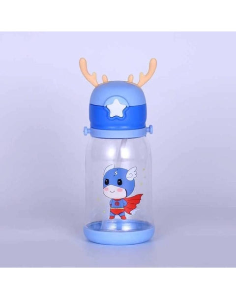Kids Portable Drink Bottle with Strap Anti-Fall With Straw Used In Outdoor Activities and school, Healthy Outdoor Cute Cartoon School Baby PP Plastic BPA Free (Kawaii Horn, Blue)