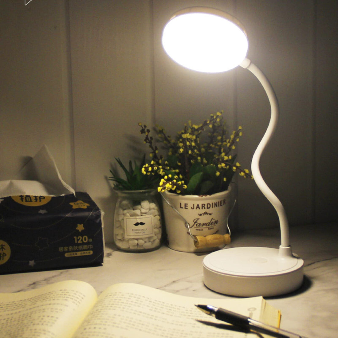 LED Touch Desk Lamp, Eye-Caring LED Table Lamp, USB Rechargeable Reading Lamp, 3 Light Modes Office Gooseneck Lamp, Dimmable Desk Light, Stepless Brightness, USB Charging Port, White