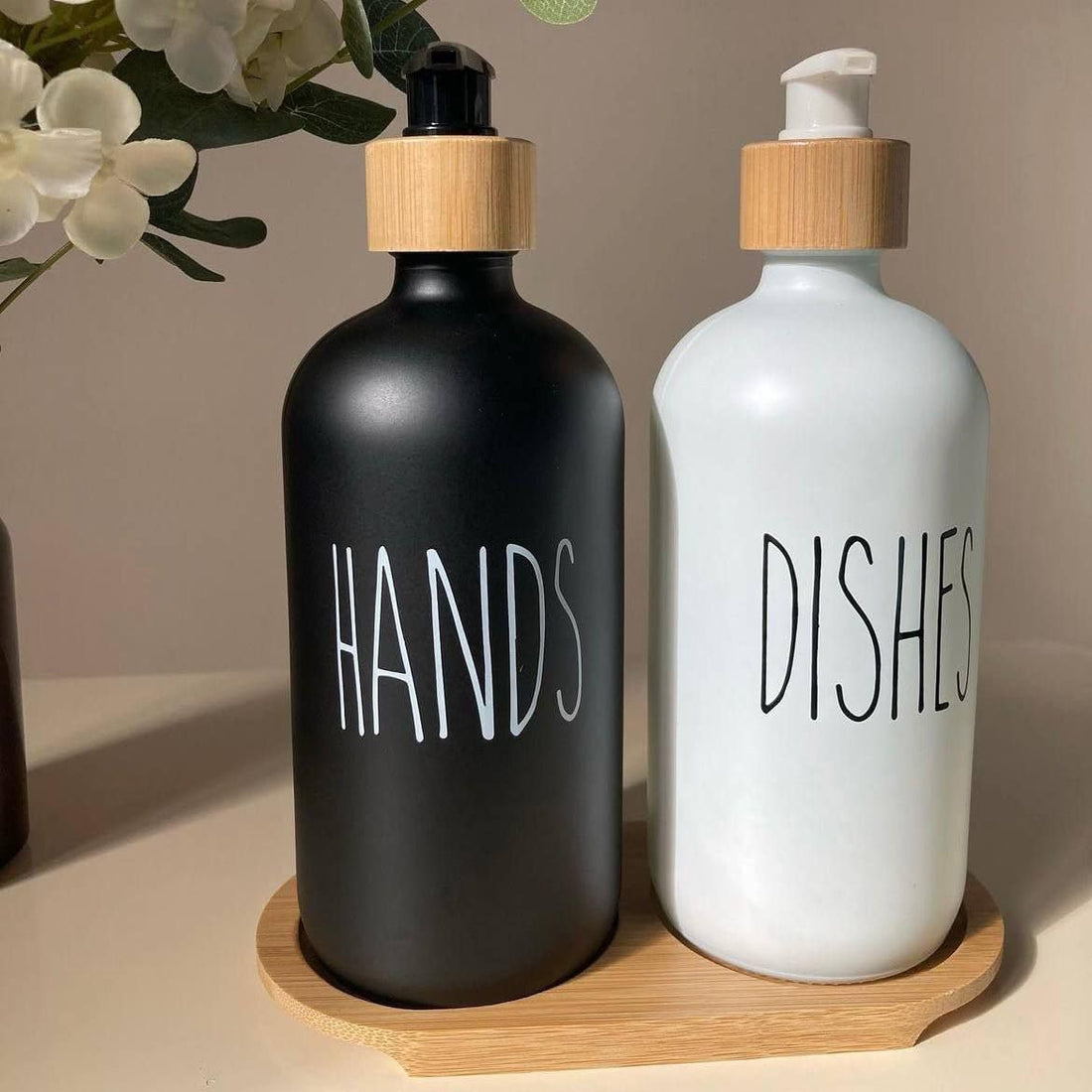 Hand Sanitizer Pump Squeeze Bottle Filler Wooden Lid Soap Dispenser Shampoo Water Bottle Cute Soap Dispenser for Home Warming, Wedding, Boho Home Decor 2 Bottles, 1 Tray
