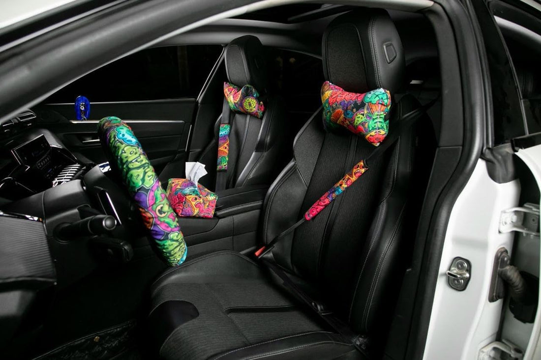 Good Vibes Car Set 6PCS, Car Neck Pillow & tissue paper cover & Steering Wheel Cover & Seat Belt Cover Set for Car