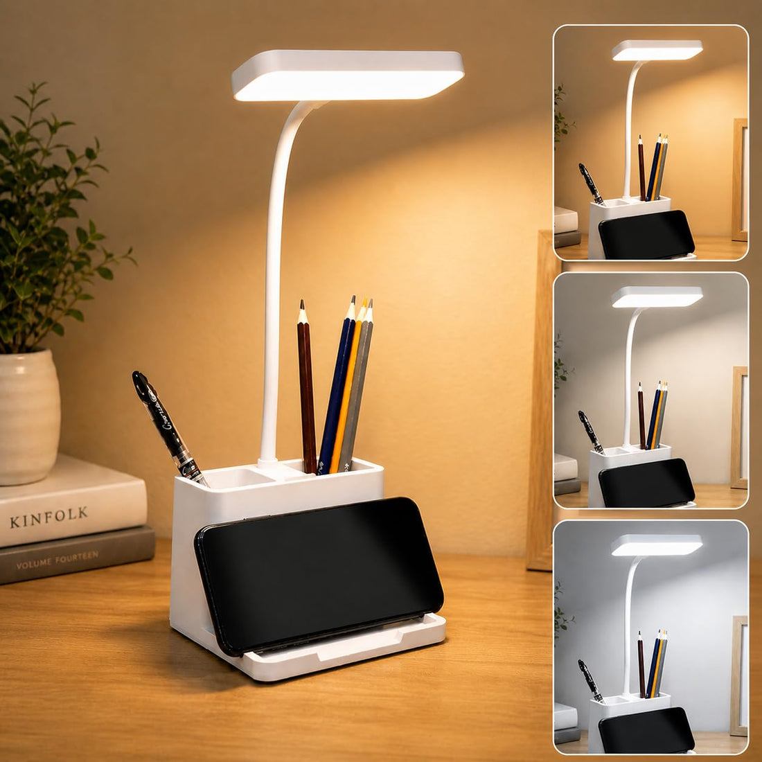 FLYNGO 3 Color Mode LED Study Table Desk Lamp for Students with Pen & Phone Holder, Rechargeable Touch On/Off Lamp for Studying (204)