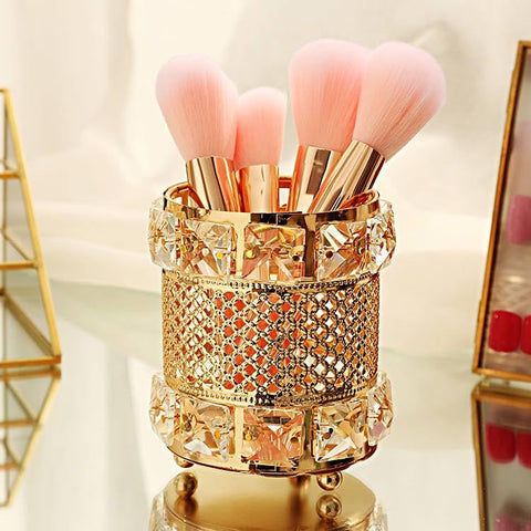 Luxury Crystal Makeup Brush Organizer Gold Mesh Pencil Case with Clear Crystal 8x11cm, Modern Style 2024