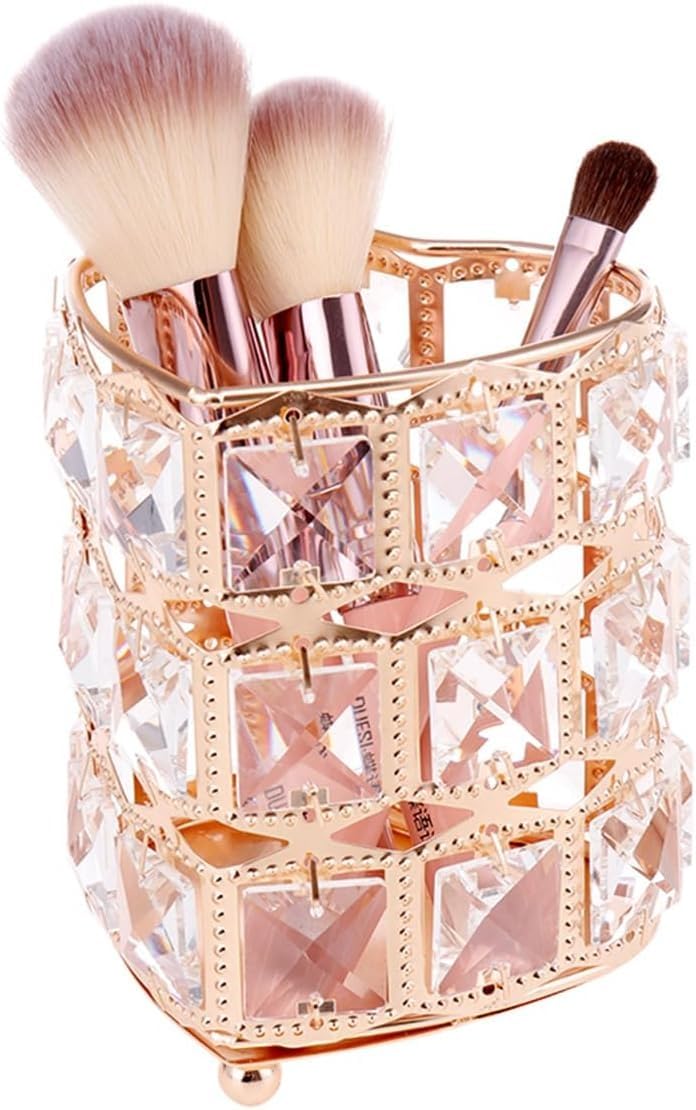 Makeup Brush Holder Crystal Heart Design Metal Cup Cosmetic Organizer Box Handmade Storage for Vanity Table Dresser Bathroom Desk Accessories Gift for Women (Gold)