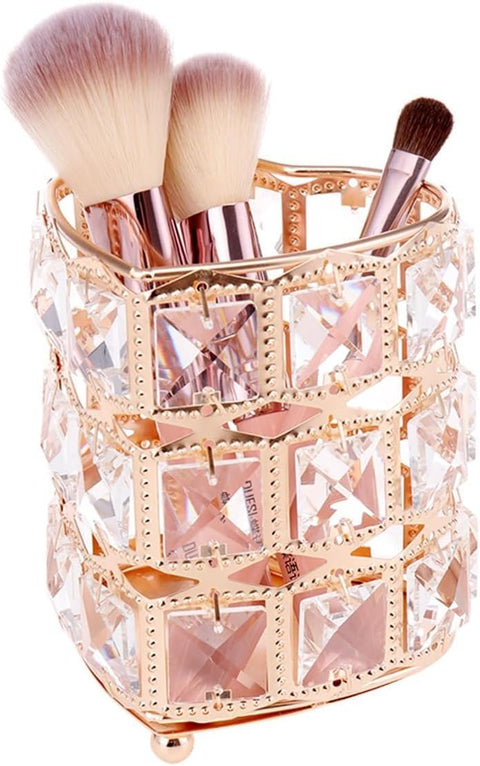 Makeup Brush Holder Crystal Heart Design Metal Cup Cosmetic Organizer Box Handmade Storage for Vanity Table Dresser Bathroom Desk Accessories Gift for Women (Gold)