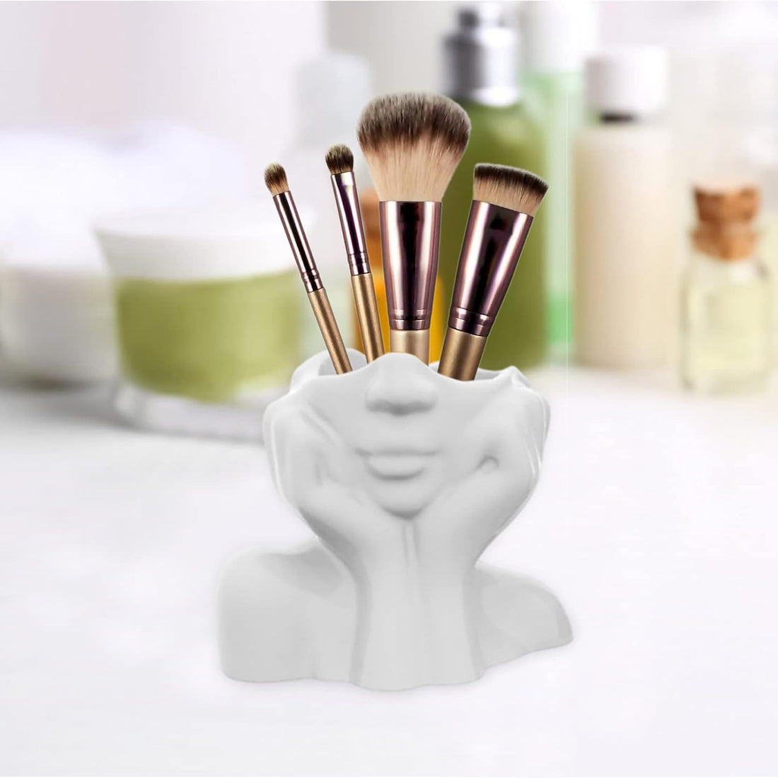 Face Shape Makeup Brush Holder, Art Design, Cosmetic Organizer, Vanity Table Decor (Milky)