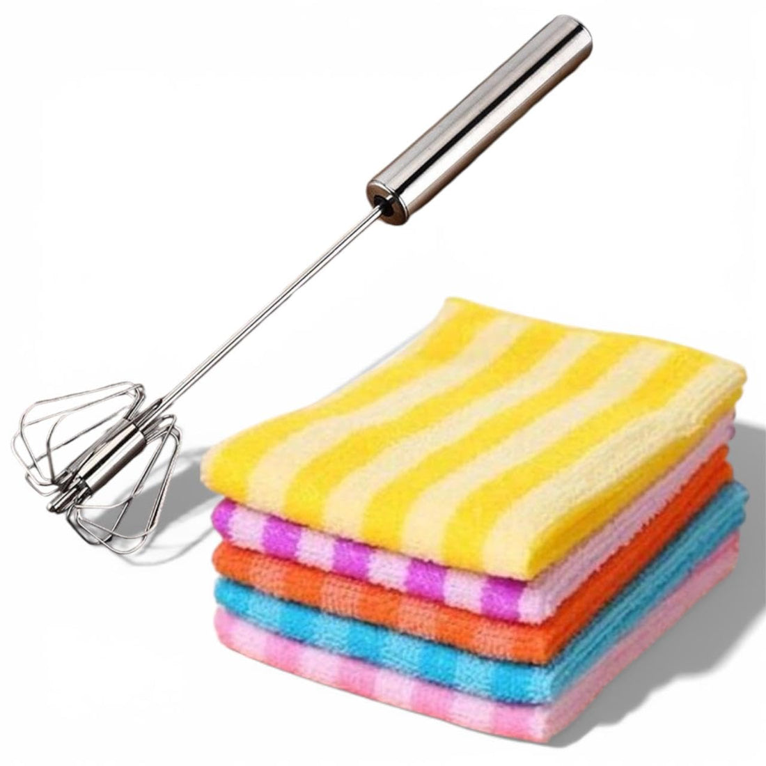 Stainless Steel Hand Mixer with 5 Pieces Kitchen Towels Gift Hand Mixer Rotating Press Mixer Multifunctional for Whisking Mixing Stirring