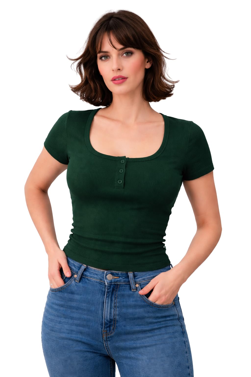 Ribbed Slim Fit Square Neck Button Front T-shirt for Women