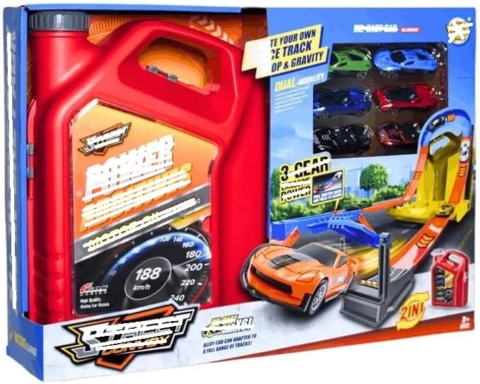 Powerr Oill Toys Set, Molded Car, Three-Gear Emissionn Towerr, Trackk, 2 in 1