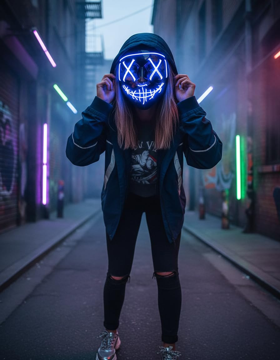 GHAZAL DWTECH LED Halloween Mask - Illuminated EL Wire Scary Face, Cosplay Party Mask for Kids Men Women - Blue