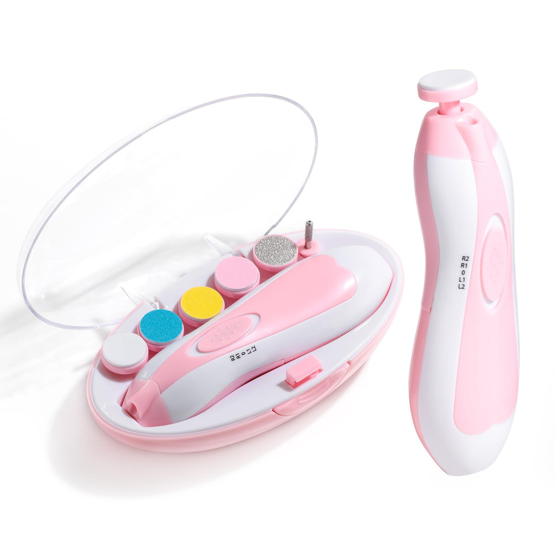 Oneleaf Baby Nail Trimmer Safe Baby Nail Clippers Baby Nail File Kit Manicure Set, Trim Polish Grooming Kit For Newborn Toddler Or Adults Toes Fingernails, 6 Grinding Heads And Led Light, Pink