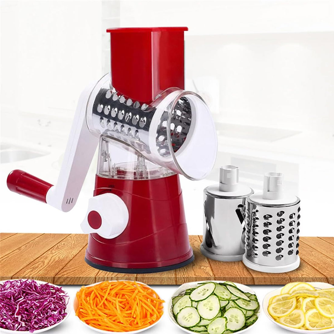 hanso Rotary Round Manual Mandoline Drum Cheese & Vegetable Cutter Slicer Multifunctional Round Mandoline Grater Potato Kitchen Gadgets Rotary Vegetable Grinder (Red)