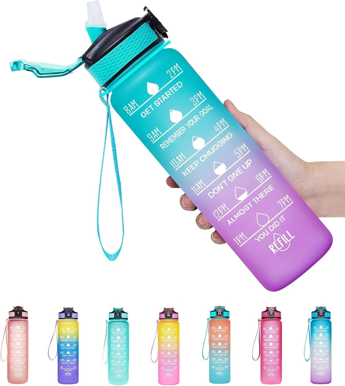 1 Litre (32 OZ) Water Bottle, Leakproof BPA & Toxic Free, Motivational Bottle with Times to Drink and Straw, Fitness Sports with Strap for Office, Gym, Outdoor Sports