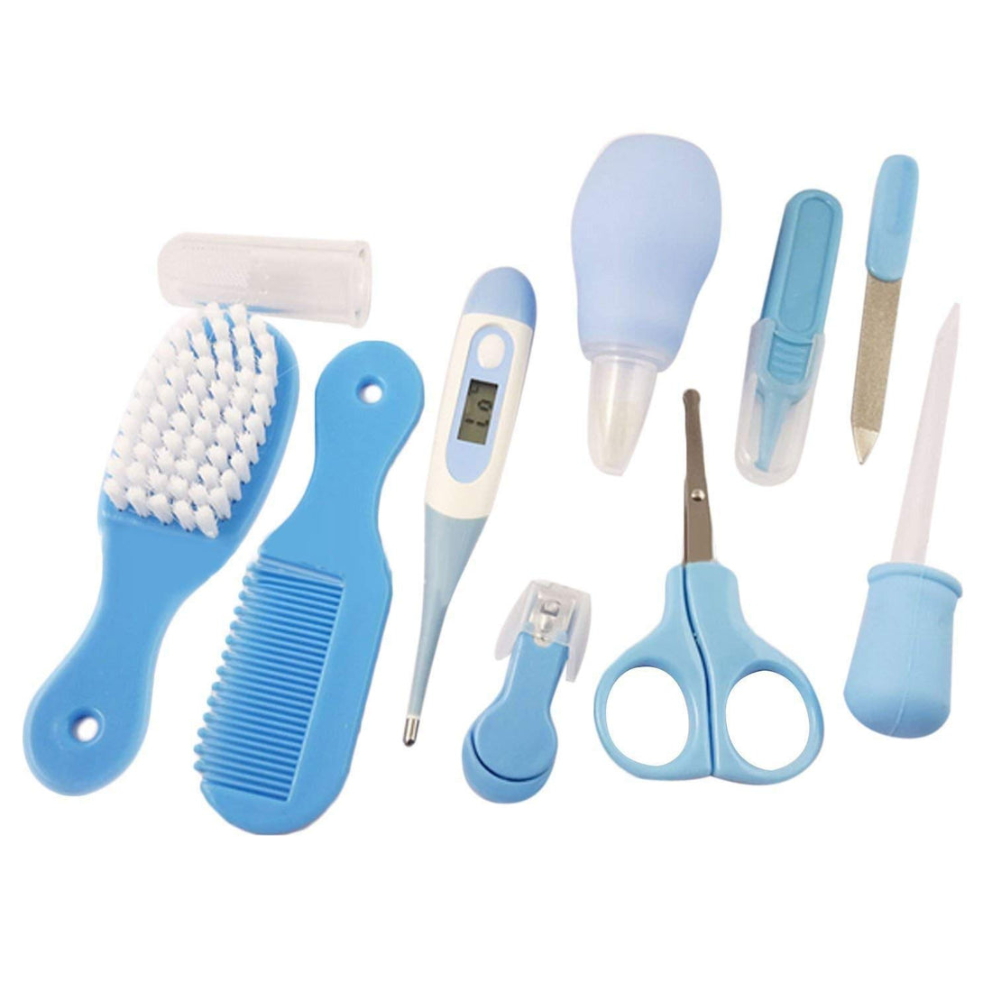 10PCS Baby Healthcare Care Kit Set with Nasal Aspirator Baby Dropper Feeder Digital Thermometer Brush Comb Scissor Nail Clipper Toothbrush Nail File Tweezers Blue