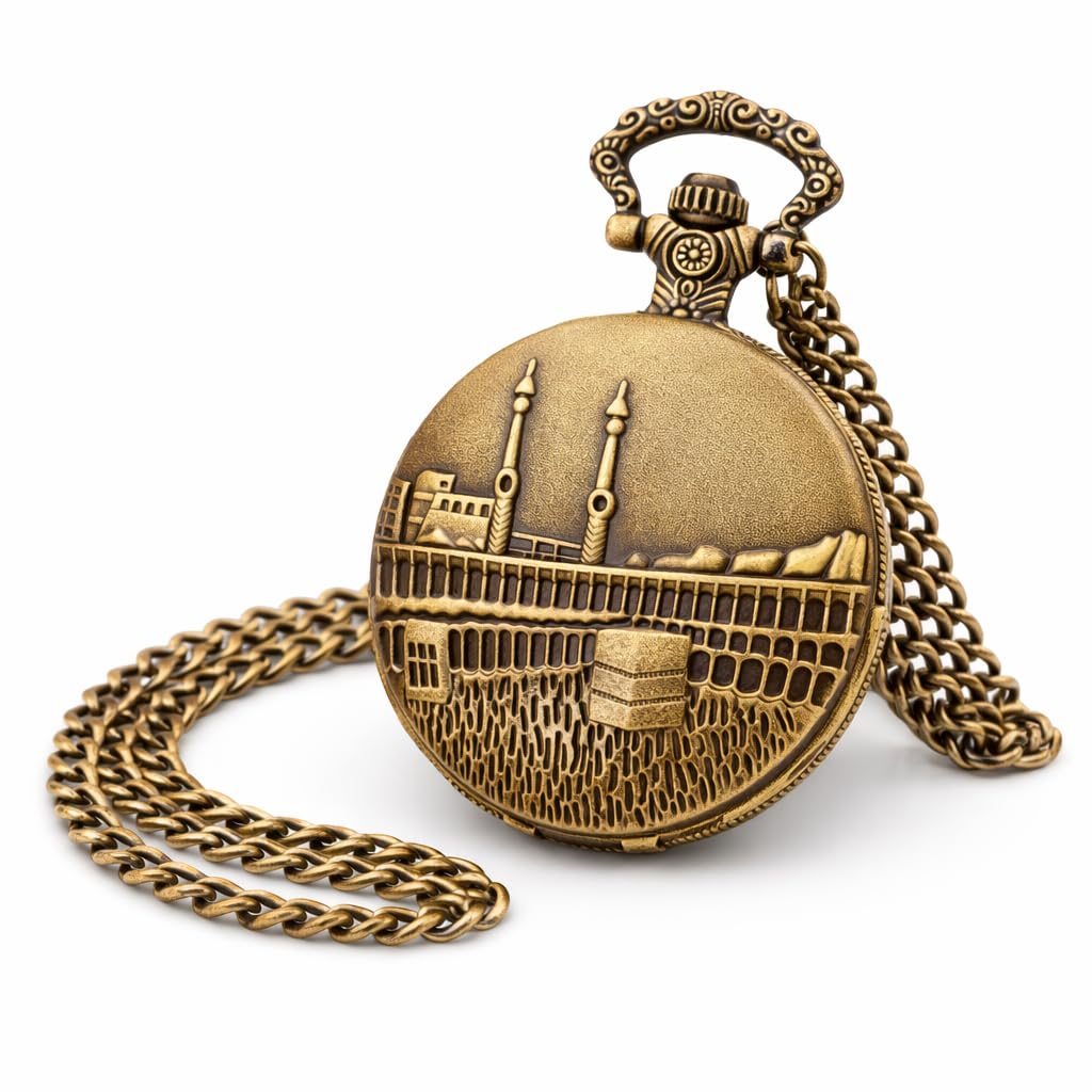 Vintage Pocket Watch Necklace with Arabic Numerals – Quartz Pendant Watch with Mosque Engraved Cover, Classic Chain Watch for Men & Women