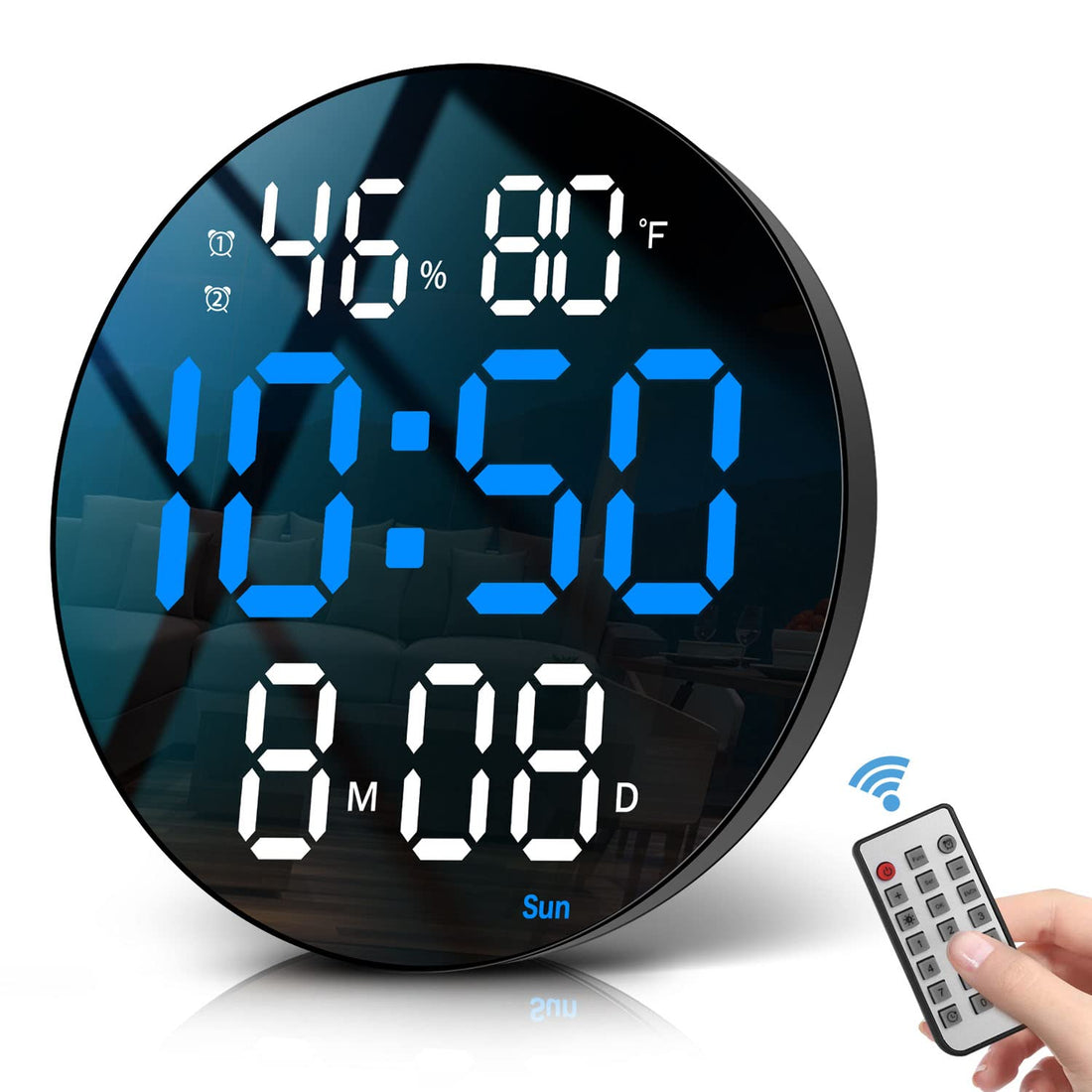 JoFomp 10" Digital Wall Clock with Large Display - Modern Plug-in Silent Clock for Living Room Decor - Remote Control/Dimmer/Temp/Humidity/DST/Battery Backup - 12/24H (Blue)