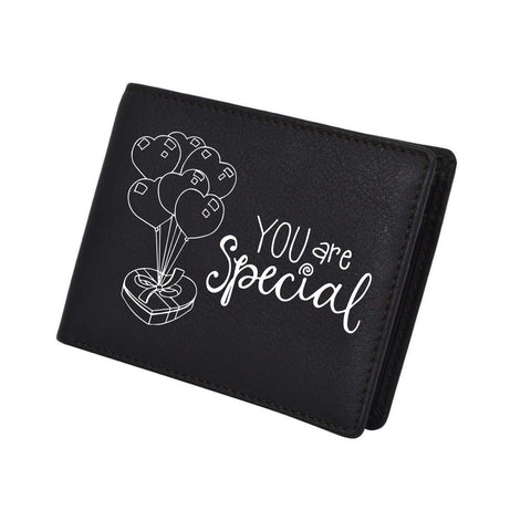 Men's Black Faux Leather Wallet - 8x8cm, Unique English Quote Design, Transparent Photo Pocket