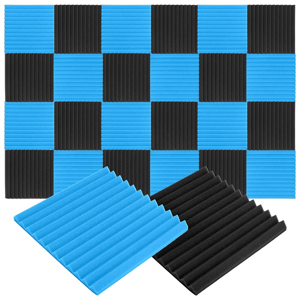 24 Pack Acoustic Foam Panels Studio Soundproofing Wedges Foam Wedges Tiles Panels Soundproofing Studio Foam for Studio KTV Soundproof Treatment Paint Pads Paper Wall Sticker 12" X 12" X 1" Black+Blue