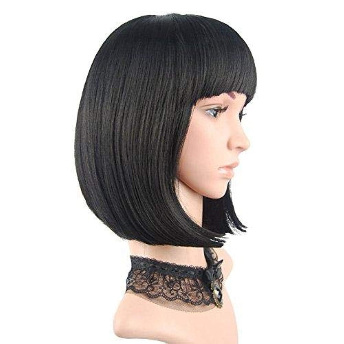 no logo Black Straight Short Hair Bob Wigs with Flat Bangs Cosplay Synthetic Wigs for Women