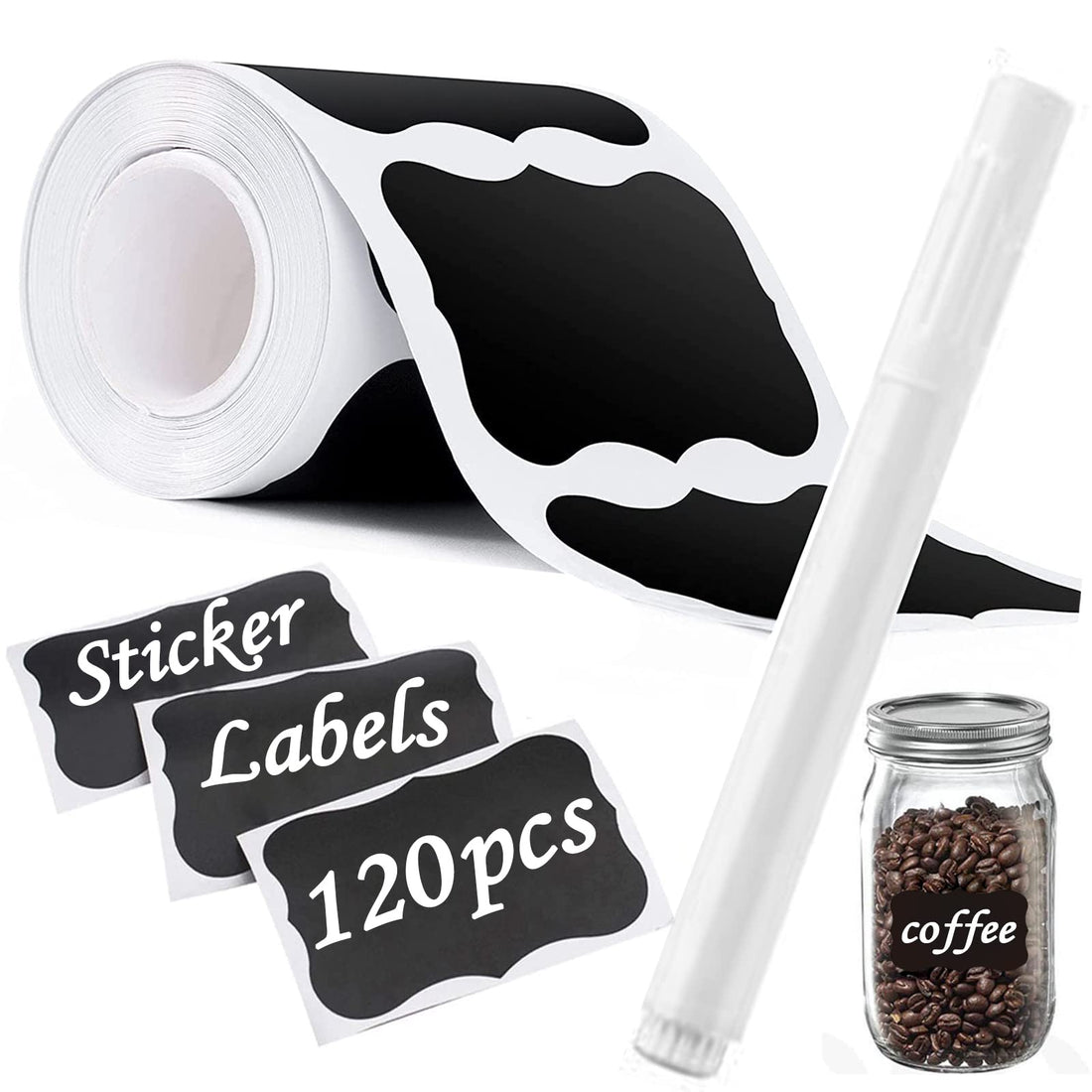 Chalkboard Labels, 120pcs Black Vinyl Chalkboard Stickers for Containers, Glass Jars, Cups; Reusable, Waterproof, Suitable for Metal, Plastic, Ceramic, Wood, Glass Surfaces