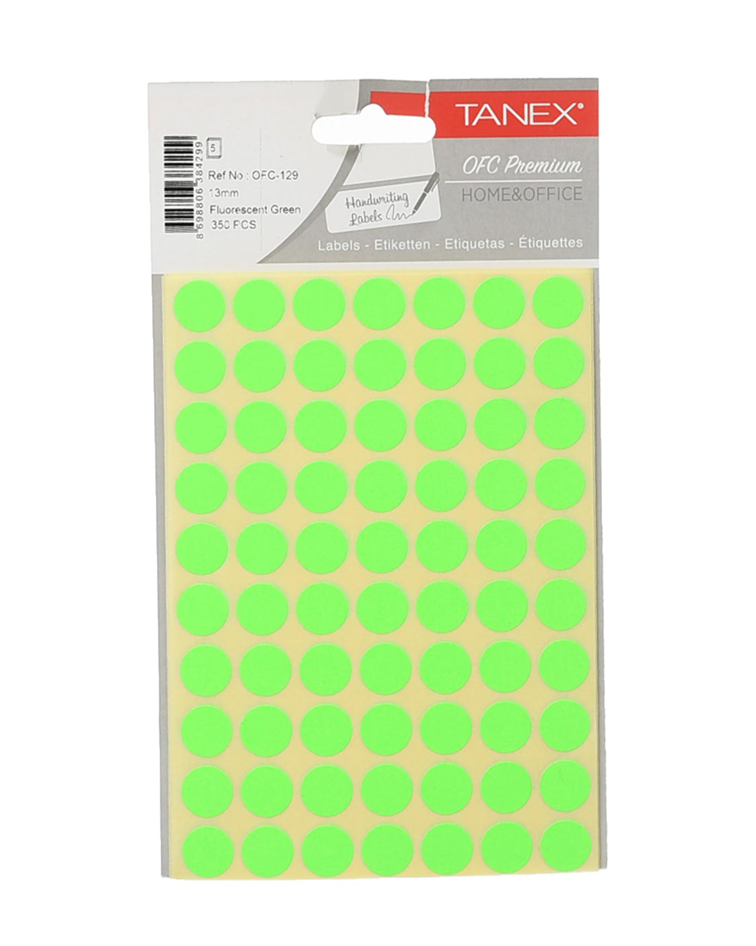Tanex Office Sticker 13 mm 350 Labels Pack of 5 Sheets A5 Neon Green Model OFC-129