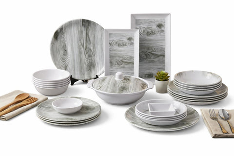 Al Maamoun Melamine Dinner Set, Wood Pattern Grey and White, 38 Pieces - High Quality